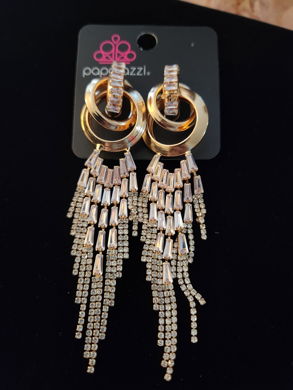 paparazzi Gold and Clear Crystal Cascading Fringe Earrings